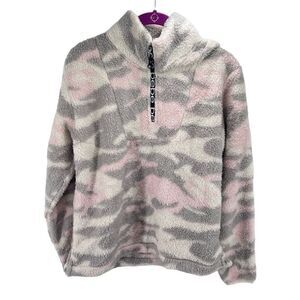 Bebe Womens Camouflage Sweater Mock Neck Long Sleeve Fleece Pink Gray Medium